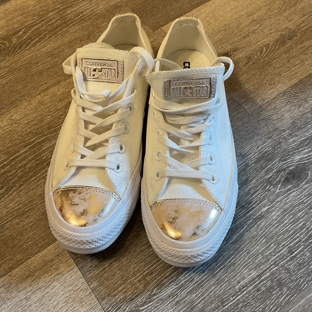 Converse Women’s White Low-Top Sneakers with Metallic Gold Toe Caps